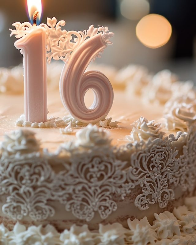 A tiered cake lit by a number sixteen candle