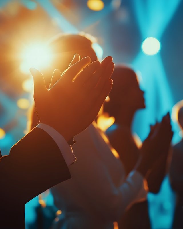 Guests applauding under stage lighting at a corporate event
