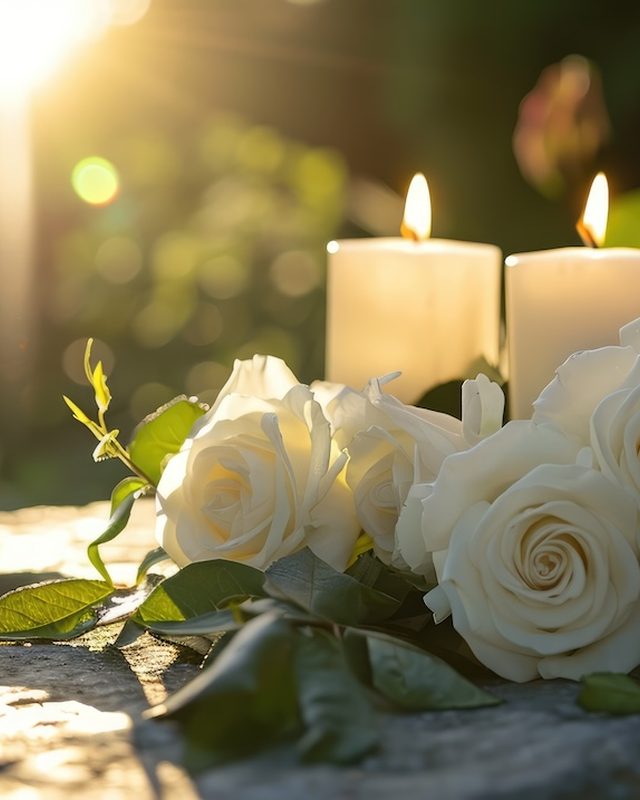 White roses and lit candles at a celebration of life